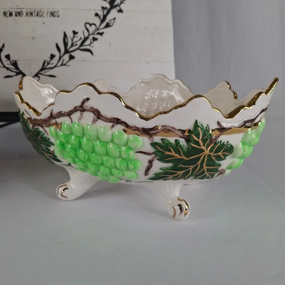 Vintage 1960 Signed SLF Ceramic Footed Bowl Green Grapes Gold Gilt Scalloped Rim